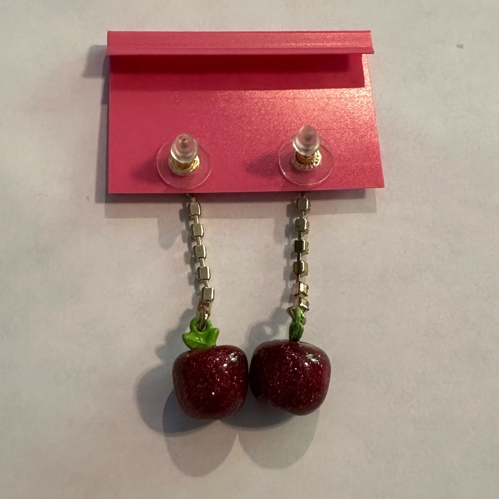 Betsey Johnson Earrings Red Sparkle Glitter Apple Dangle Rhinestones NEW - Picture 7 of 7